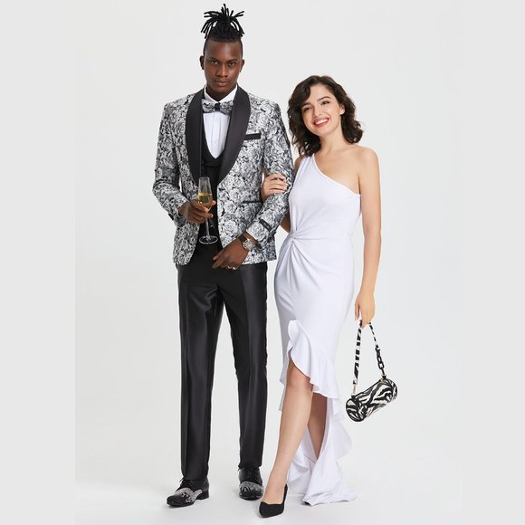 TAZIO SKINNY FIT Double-Breasted PAISLEY SHAWL COLLAR SUIT, SILVER - Picture 3 of 3